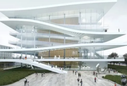 上海臨港青少年活動中心利用鋼絲繩葫蘆和剪叉車吊運安裝幕墻玻璃